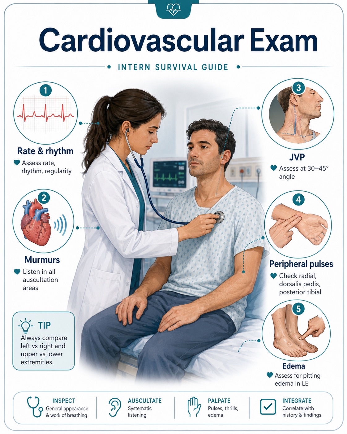 Cardiovascular exam — rate and rhythm, murmurs, JVP, peripheral pulses, and edema