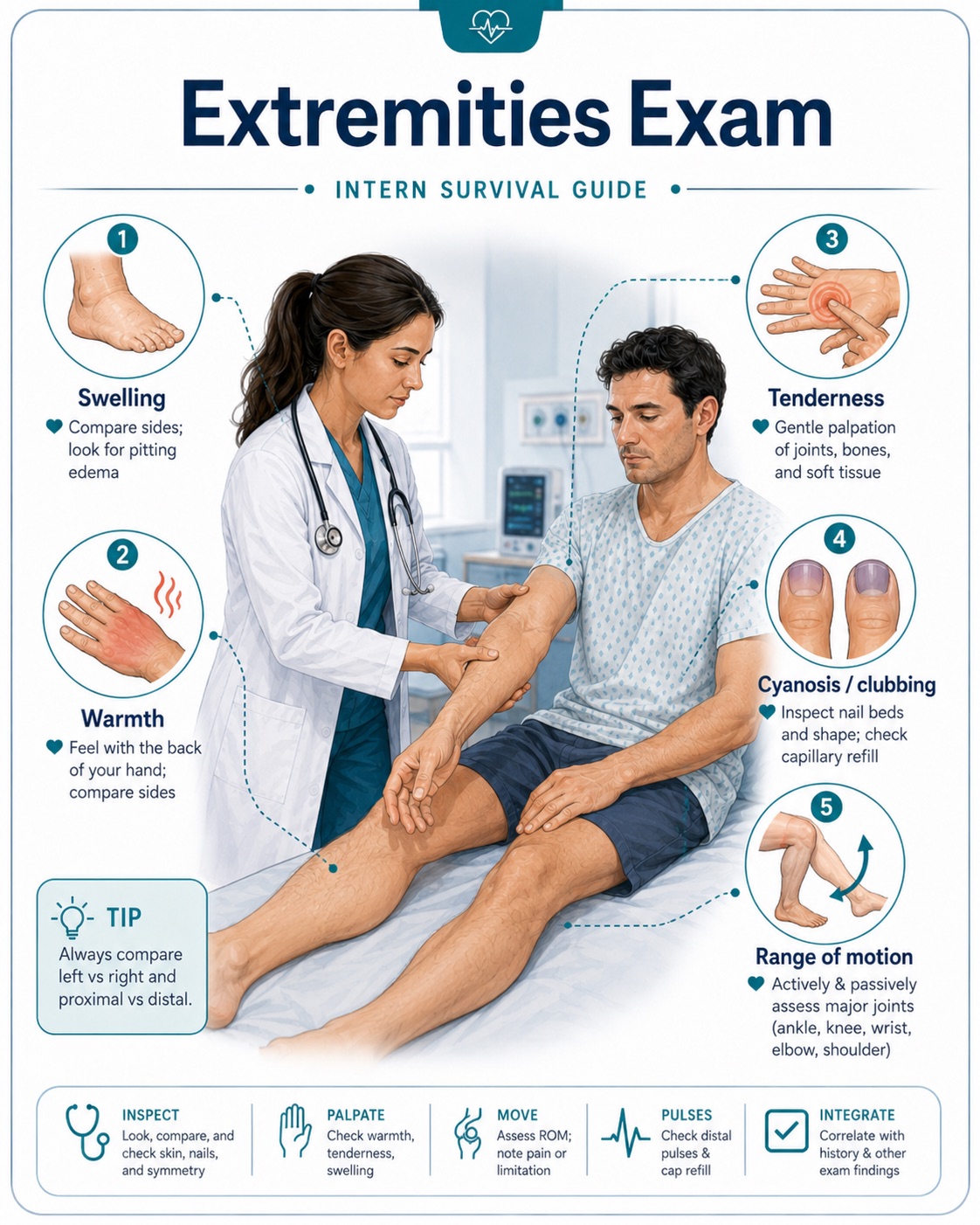 Extremities exam — swelling, warmth, tenderness, cyanosis/clubbing, and range of motion