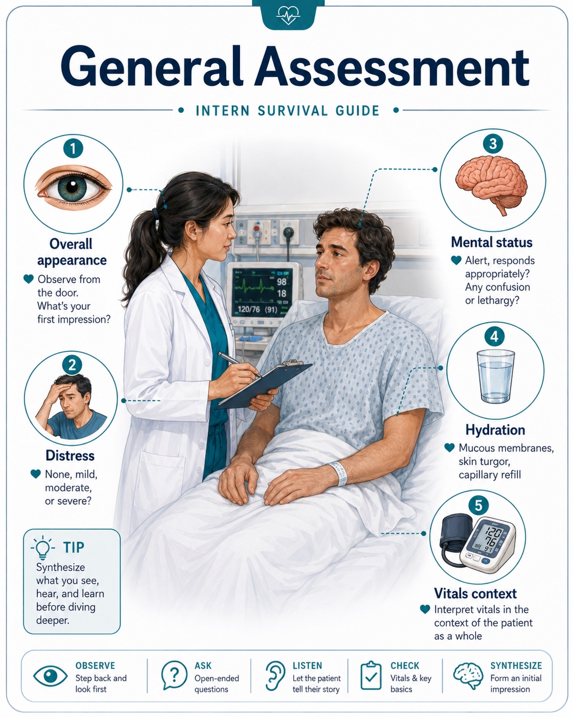 General assessment — observe overall appearance, distress, mental status, hydration, and vitals in context