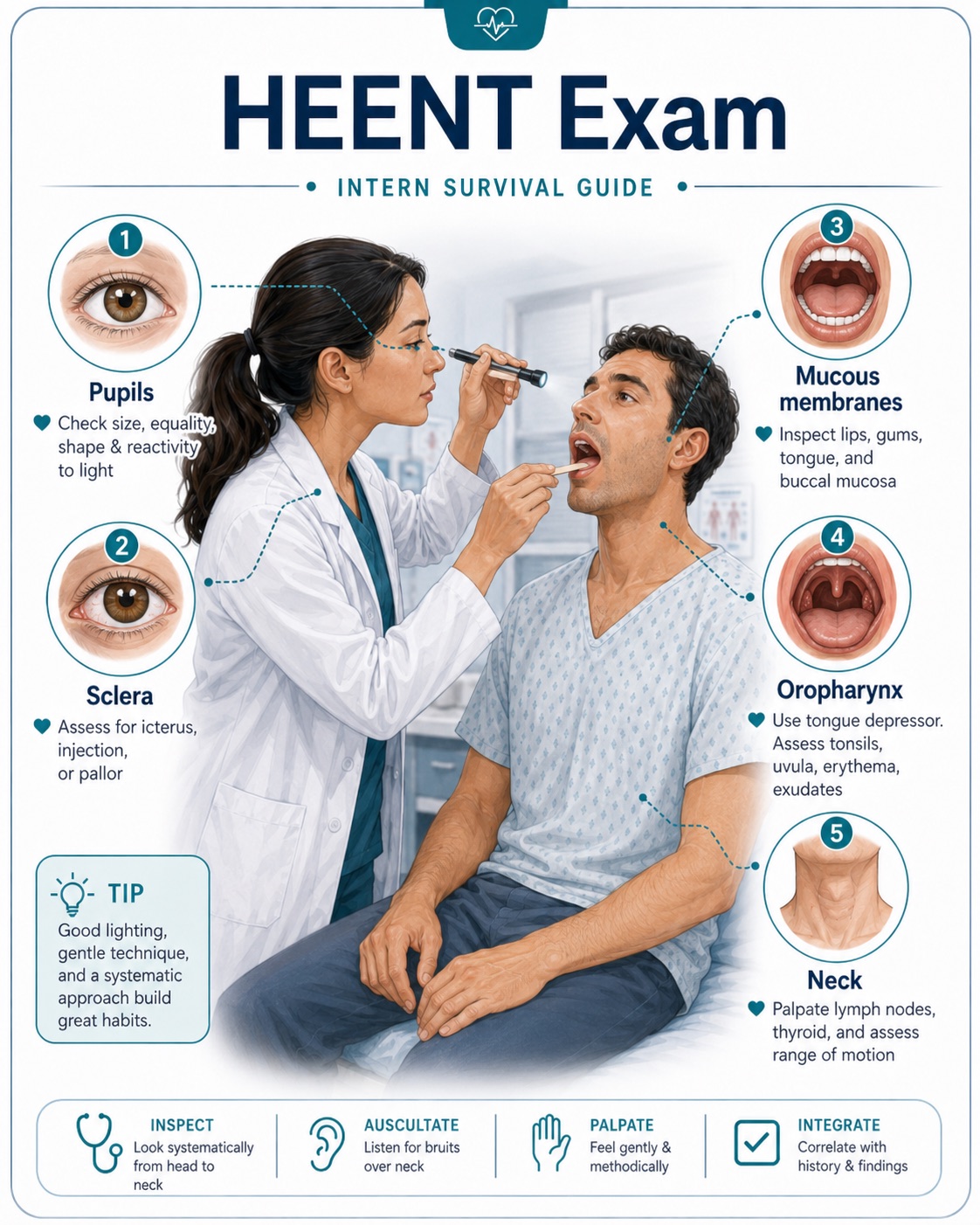 HEENT exam — pupils, sclera, mucous membranes, oropharynx, and neck