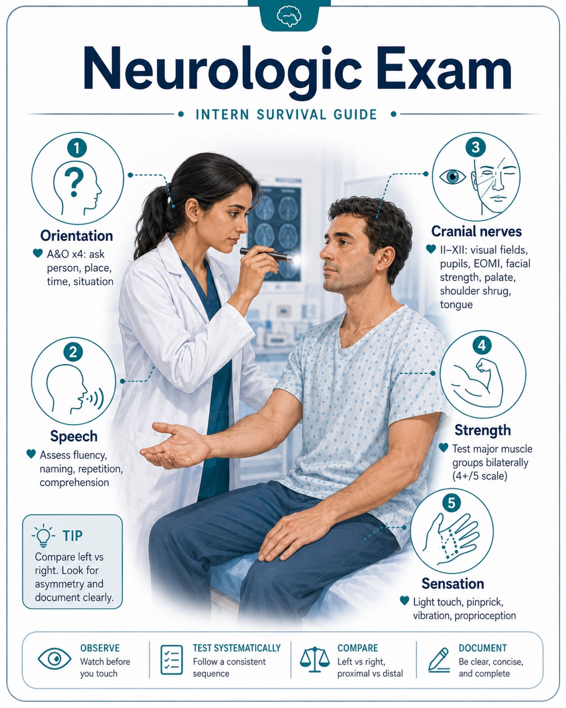 Neurologic exam — orientation, speech, cranial nerves, strength, and sensation