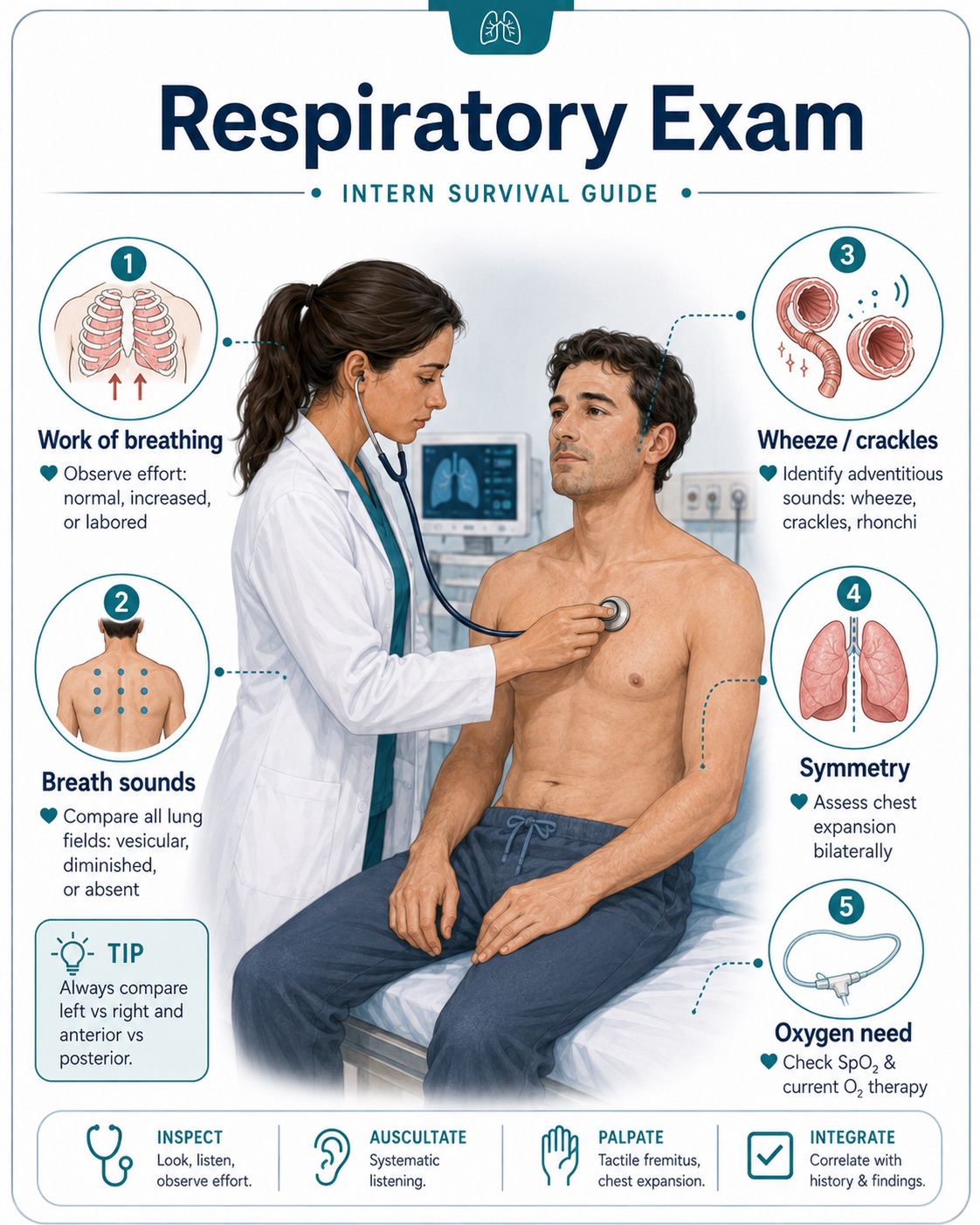 Respiratory exam — work of breathing, breath sounds, wheeze/crackles, symmetry, and oxygen need