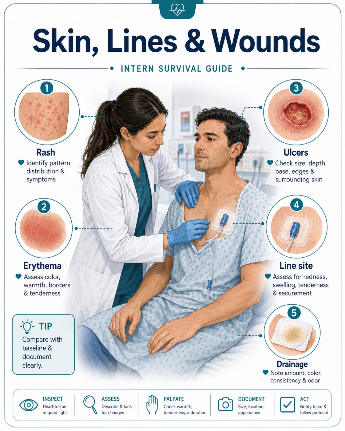 Skin, lines, and wounds — rash, erythema, ulcers, line sites, and drainage